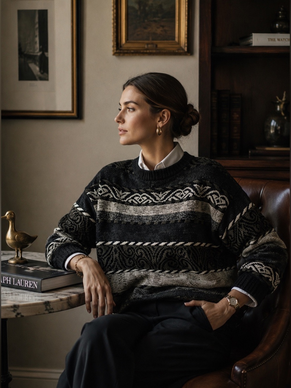 Vintage Italian Nani Bon Crewneck Black and Gray Patterned Sweater